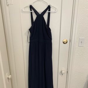 long navy blue dress with a halter top
